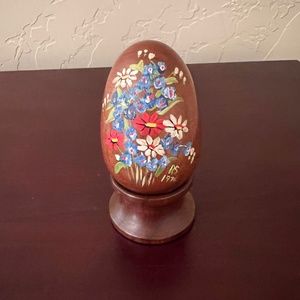 Vintage Hand-Painted Flowers on Stained Wooden Egg with Display Stand